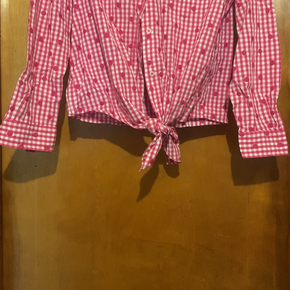Tommy Hilfiger Size M Pink Gingham and Polka Dot Tie Up Top - Picture 4 of 5